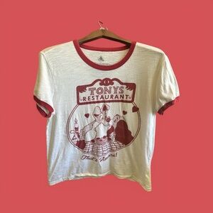 Disney White Tee with Red Trim and Logo Lady in the Tramp Tony’s Restaurant Top